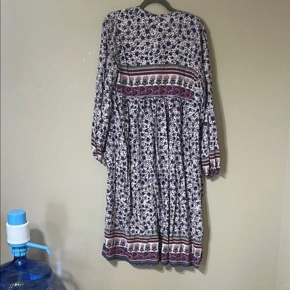 Boho Purple and White Floral Long Sleeve Midi Dress with Mixed Border Print - Picture 3 of 3